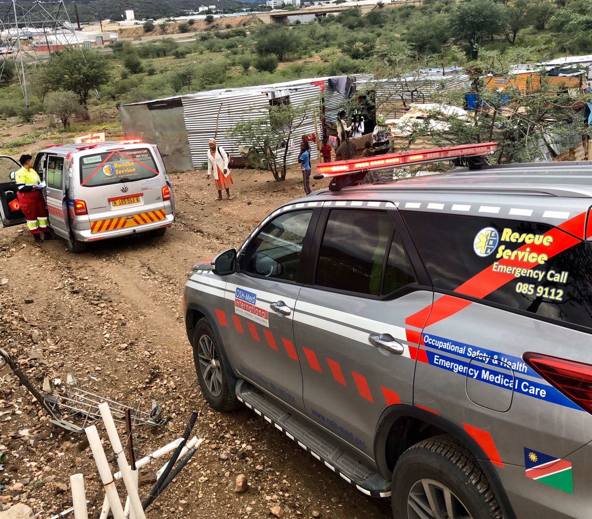E.M.A. rescue vehicles responding in a Windhoek community